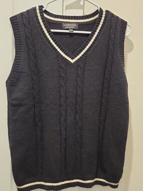 S. Christina Black & White Cable Knit V-Neck Sweater Vest with Cream Trim
